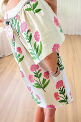 Apricot Floral Short Sleeve Split Neck Loose Mini Dress Floral Dresses JT's Designer Fashion