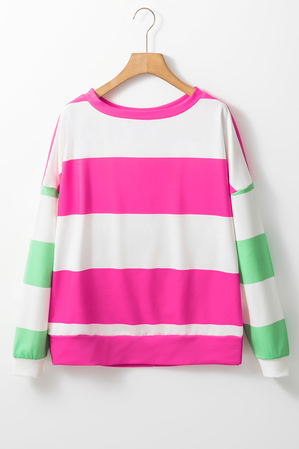 Rose Red Colorblock Striped Drop Shoulder Long Sleeve Top Long Sleeve Tops JT's Designer Fashion