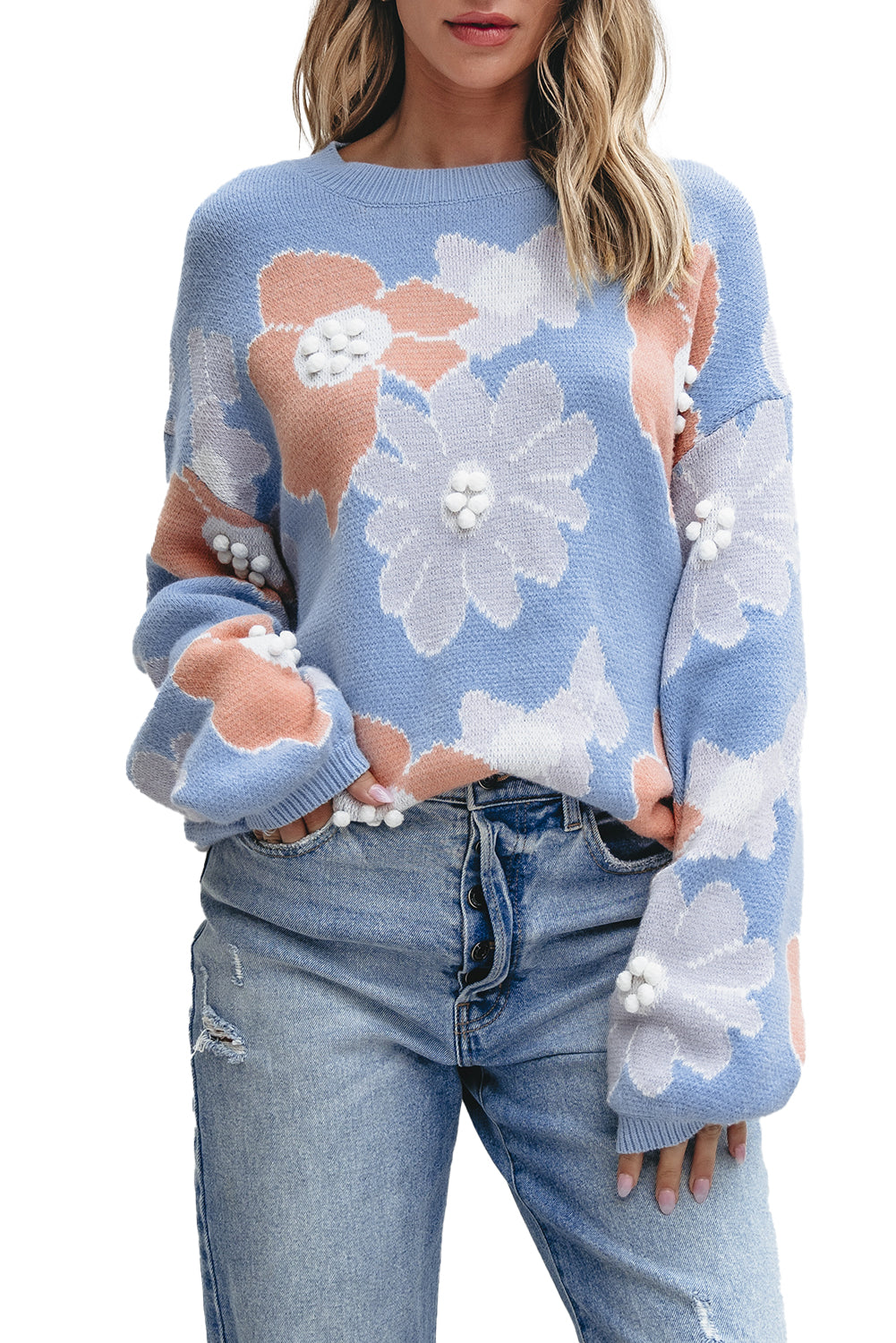 Beau Blue Floral O Neck Drop Shoulder Knitted Sweater Sweaters JT's Designer Fashion