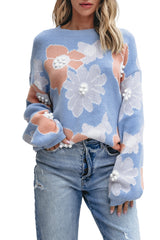 Beau Blue Floral O Neck Drop Shoulder Knitted Sweater Sweaters JT's Designer Fashion