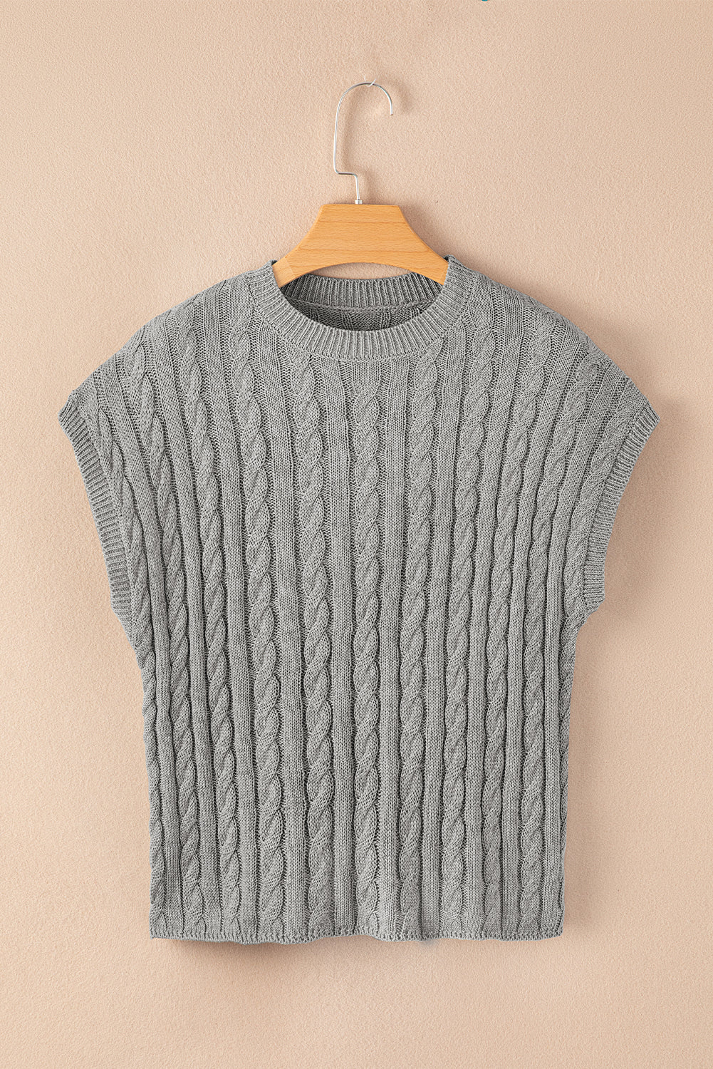 Gray Crew Neck Cable Knit Short Sleeve Sweater Sweaters & Cardigans JT's Designer Fashion
