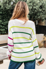 White Colorful Striped Drop Shoulder Crew Neck Sweater Sweaters JT's Designer Fashion