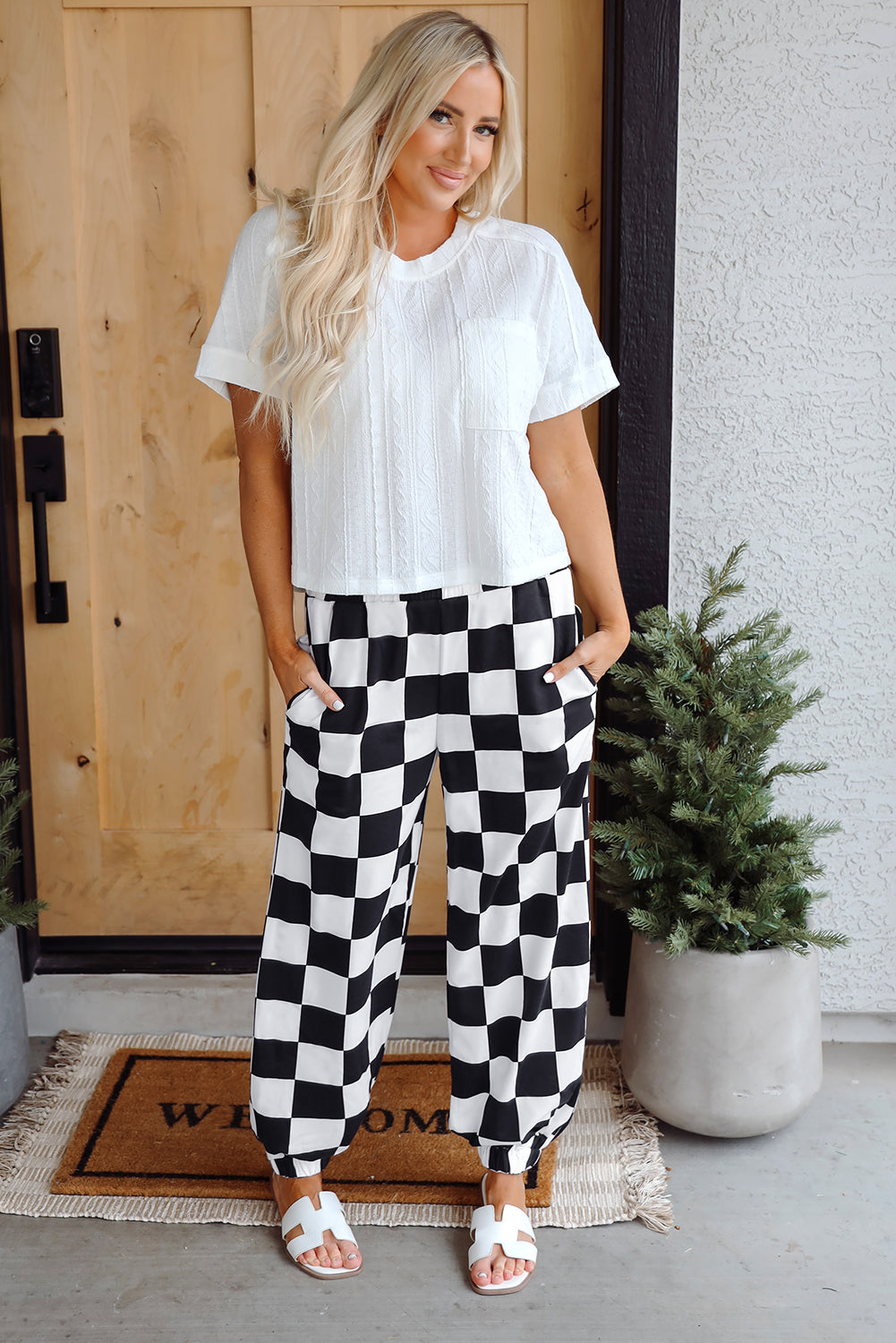 Black Checkerboard Elastic Waist Pocketed Joggers Pants & Culotte JT's Designer Fashion