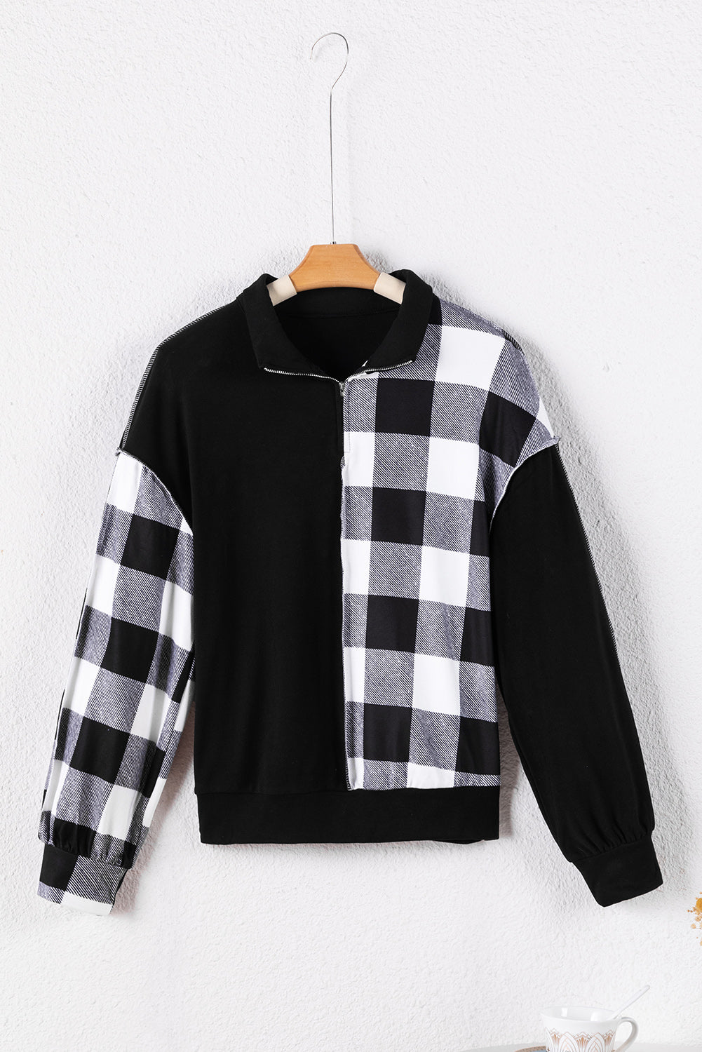 Black Checkboard Patchwork Exposed Stitching Collared Top Long Sleeve Tops JT's Designer Fashion