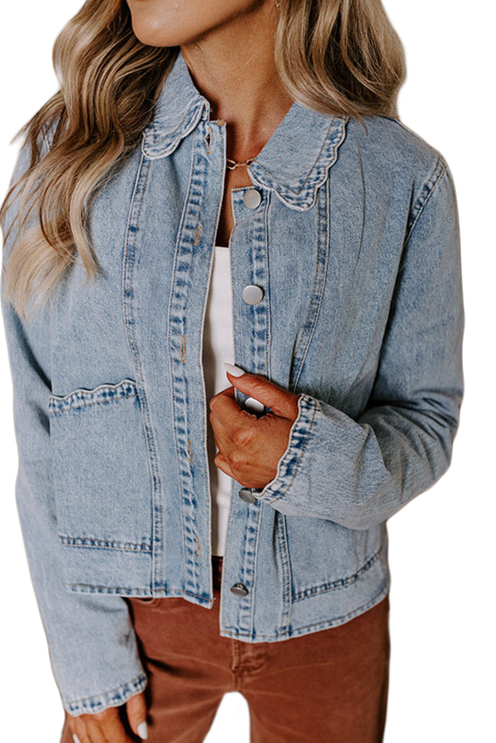 Myosotis Scallop Trim Collar Patched Pocket Button Up Denim Jacket Denim Jackets JT's Designer Fashion