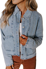 Myosotis Scallop Trim Collar Patched Pocket Button Up Denim Jacket Denim Jackets JT's Designer Fashion