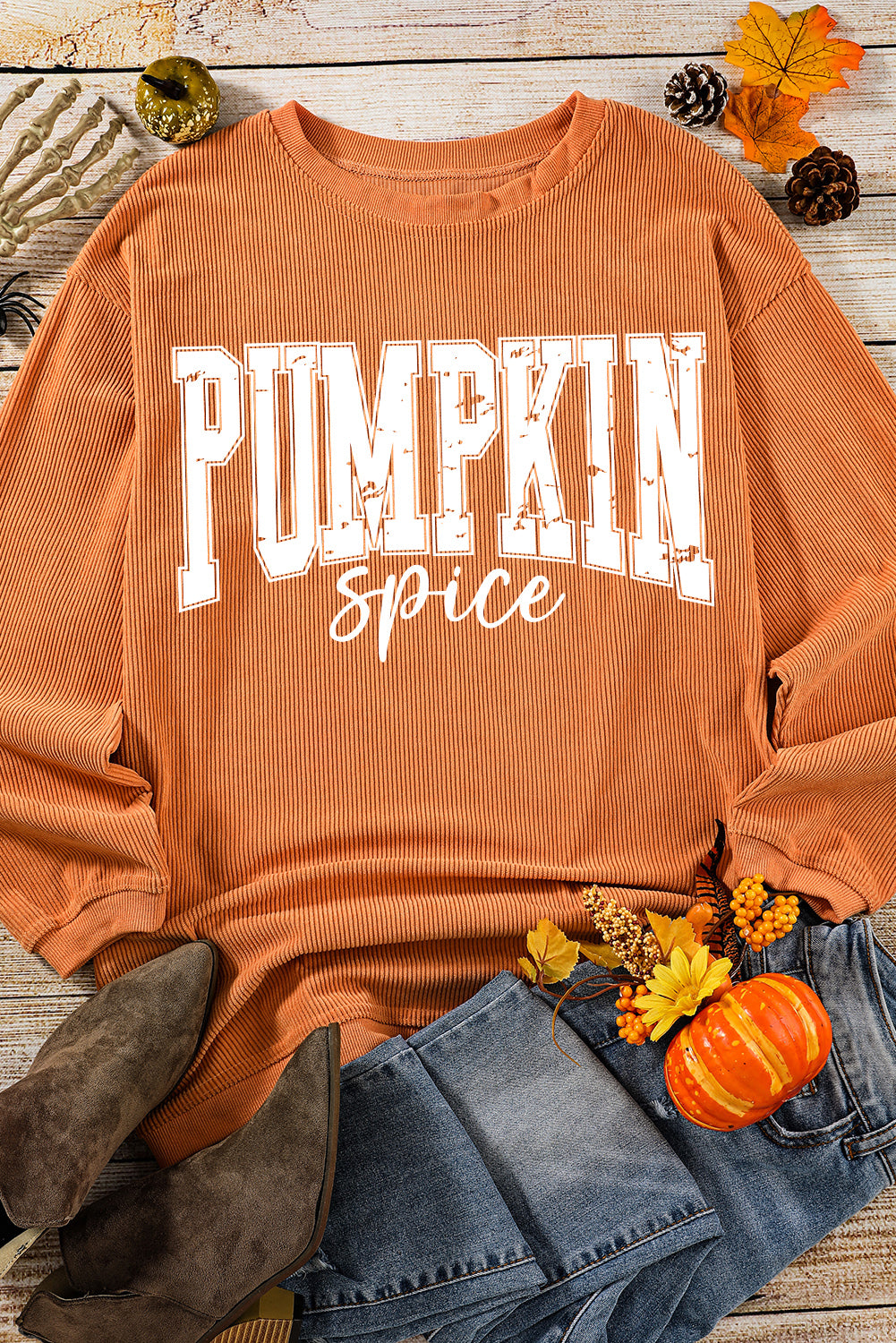 Orange PUMPKIN Spice Graphic Corded Crewneck Sweatshirt Graphic Sweatshirts JT's Designer Fashion