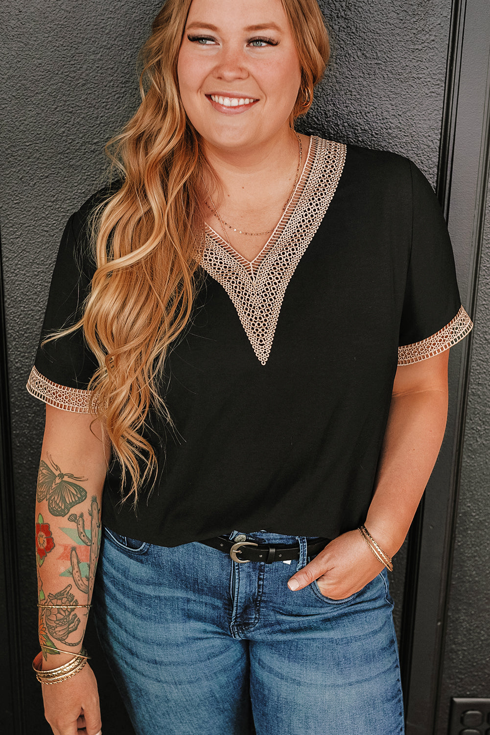 Black Lace Trim Short Sleeve V Neck Plus Size Top Black (US 22W-24W)3X Woven Plus Size JT's Designer Fashion