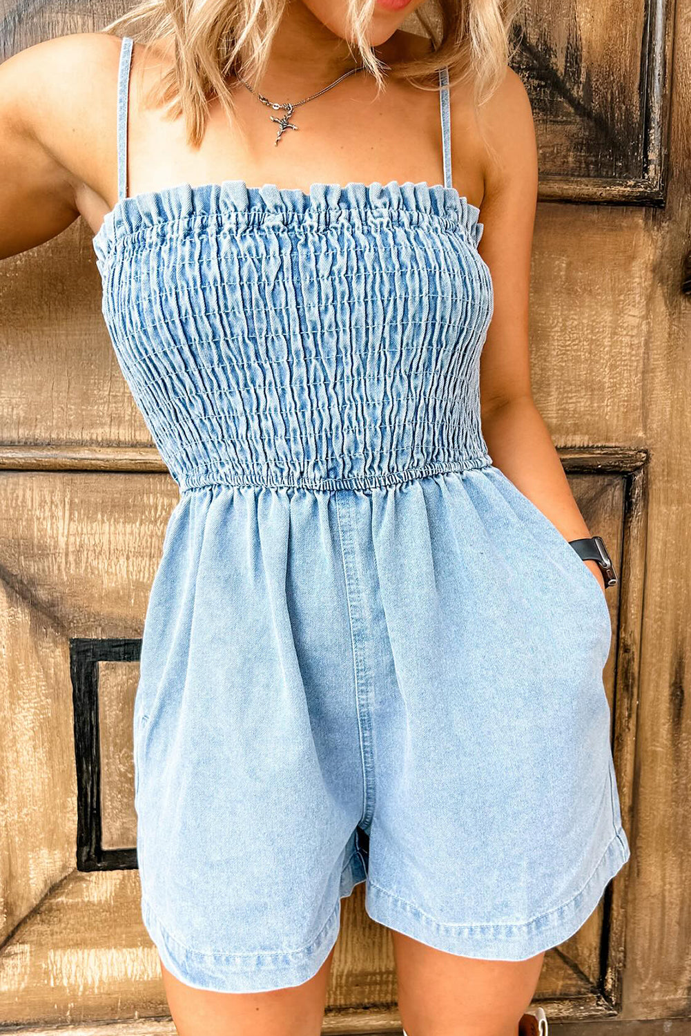 Beau Blue Spaghetti Strap Smocked Denim Romper Jumpsuits & Rompers JT's Designer Fashion