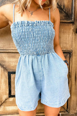 Beau Blue Spaghetti Strap Smocked Denim Romper Jumpsuits & Rompers JT's Designer Fashion