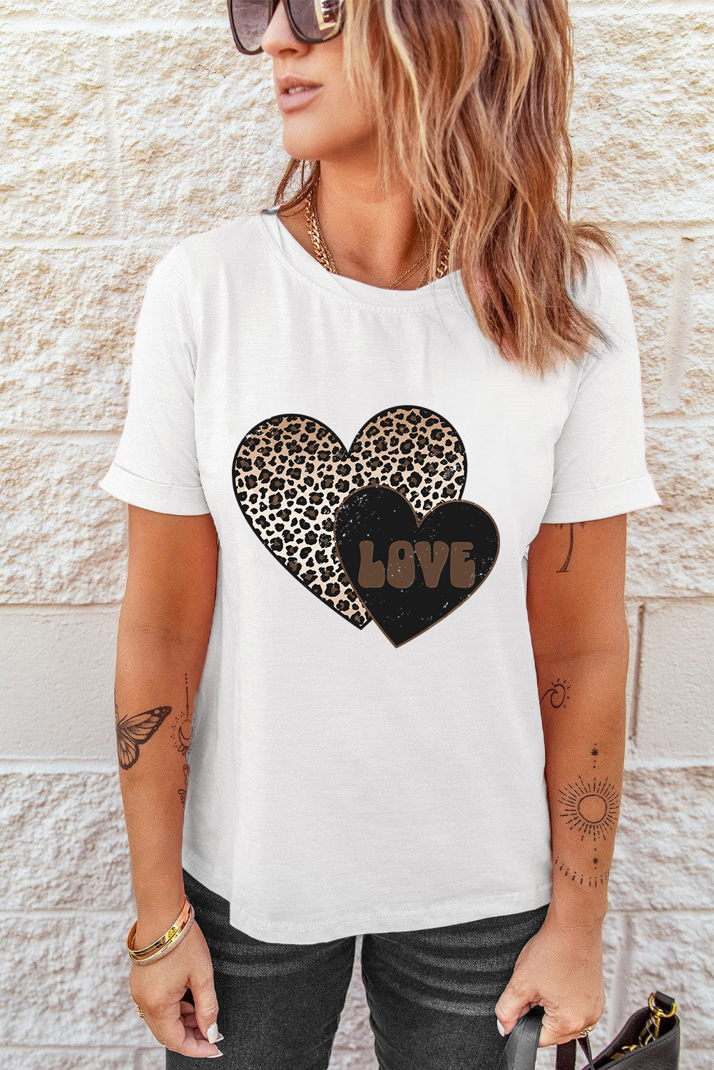 White Leopard LOVE Double Heart Printed Valentines Graphic Tee Graphic Tees JT's Designer Fashion
