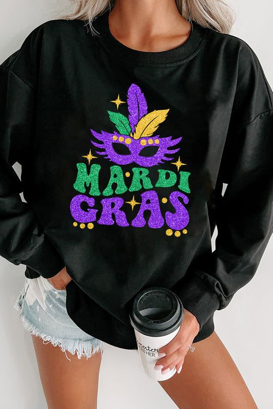 Black Heat Transfer MARDI GRAS Mask Printed Sweatshirt Black 50%Polyester+50%Cotton Graphic Sweatshirts JT's Designer Fashion