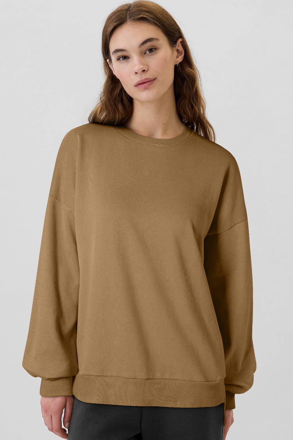 Camel Solid Fleece Lined Drop Shoulder High Low Sweatshirt Sweatshirts & Hoodies JT's Designer Fashion