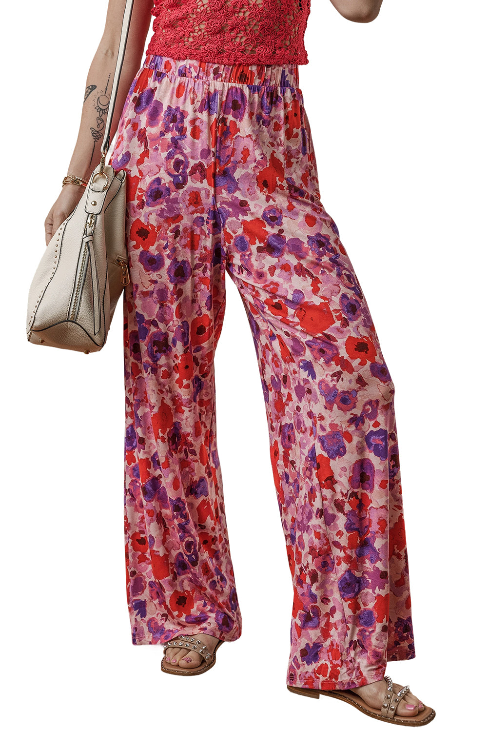 Purple Floral Wide Leg Elastic High Waist Pants Pants & Culotte JT's Designer Fashion