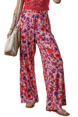 Purple Floral Wide Leg Elastic High Waist Pants Pants & Culotte JT's Designer Fashion