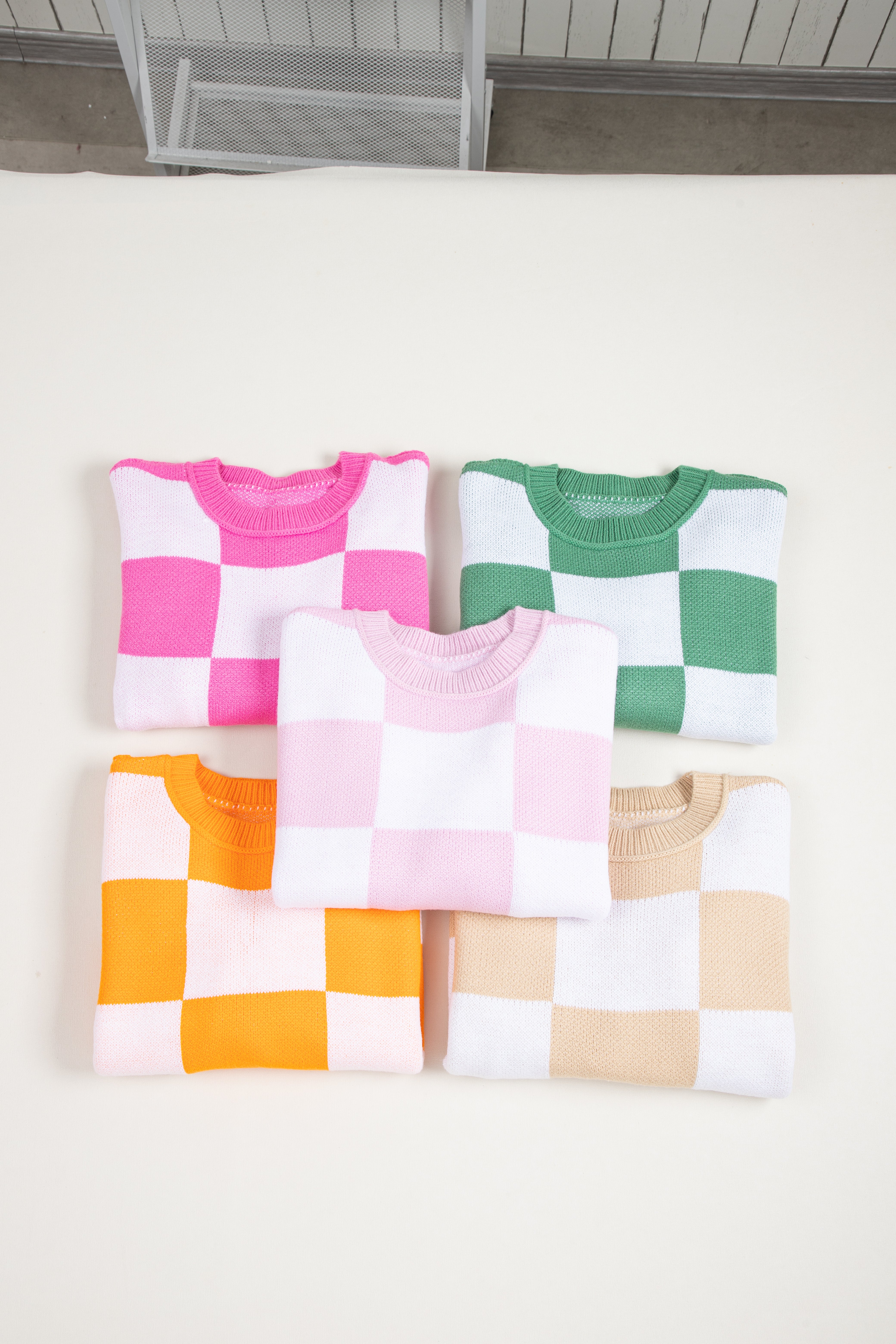 Pink Checkered Bishop Sleeve Sweater Sweaters JT's Designer Fashion