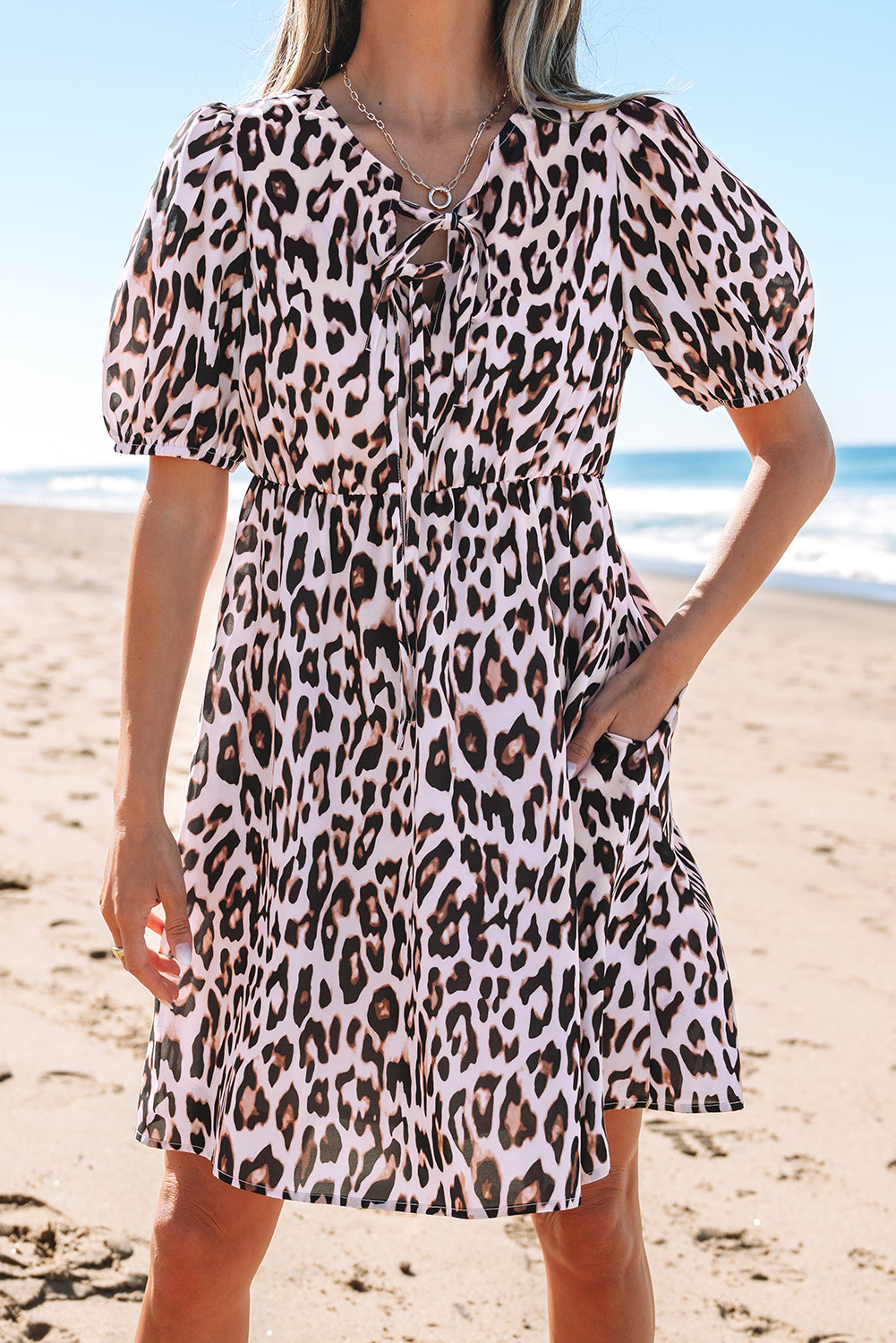 Brown Leopard Tied Front Keyhole Puff Short Sleeve Mini Dress Mini Dresses JT's Designer Fashion