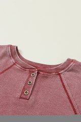 Fiery Red Waffle Knit Raglan Sleeve Henley Sweatshirt Sweatshirts & Hoodies JT's Designer Fashion