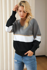 Gray Colorblock V Neck Sweater Sweaters & Cardigans JT's Designer Fashion