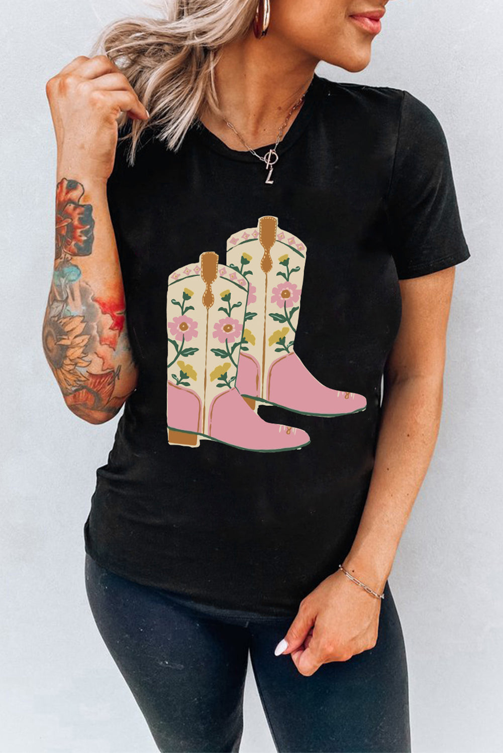 Black Floral Cowgirl Boots Cotton Blend T Shirt Graphic Tees JT's Designer Fashion
