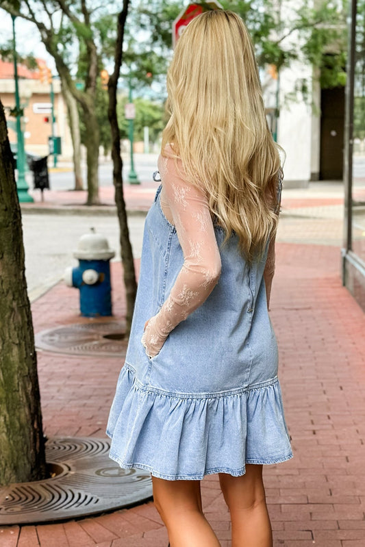 Beau Blue Bow Detail Spaghetti Straps Ruffle Hem Denim Short Dress Mini Dresses JT's Designer Fashion