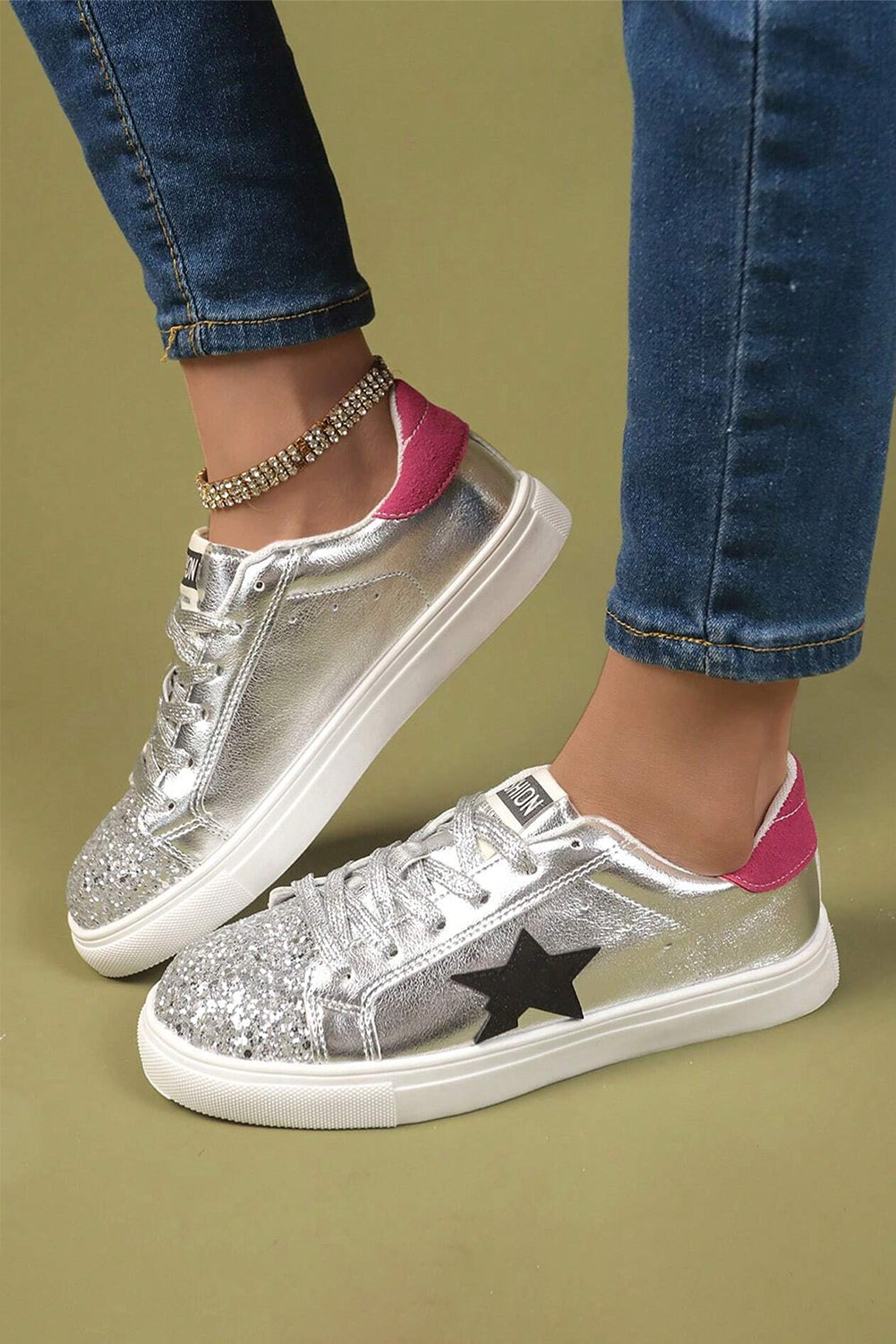 Silvery Metallic Luster Star Pattern Slip On Flat Shoes Women's Shoes JT's Designer Fashion