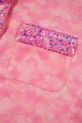 Apricot Pink Mineral Wash Sequin Patchwork Flap Pocket Shacket Jackets JT's Designer Fashion