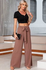 Coffee High Waisted Tie Front Side Pocket Wide Leg Flowy Casual Pants Pants & Culotte JT's Designer Fashion