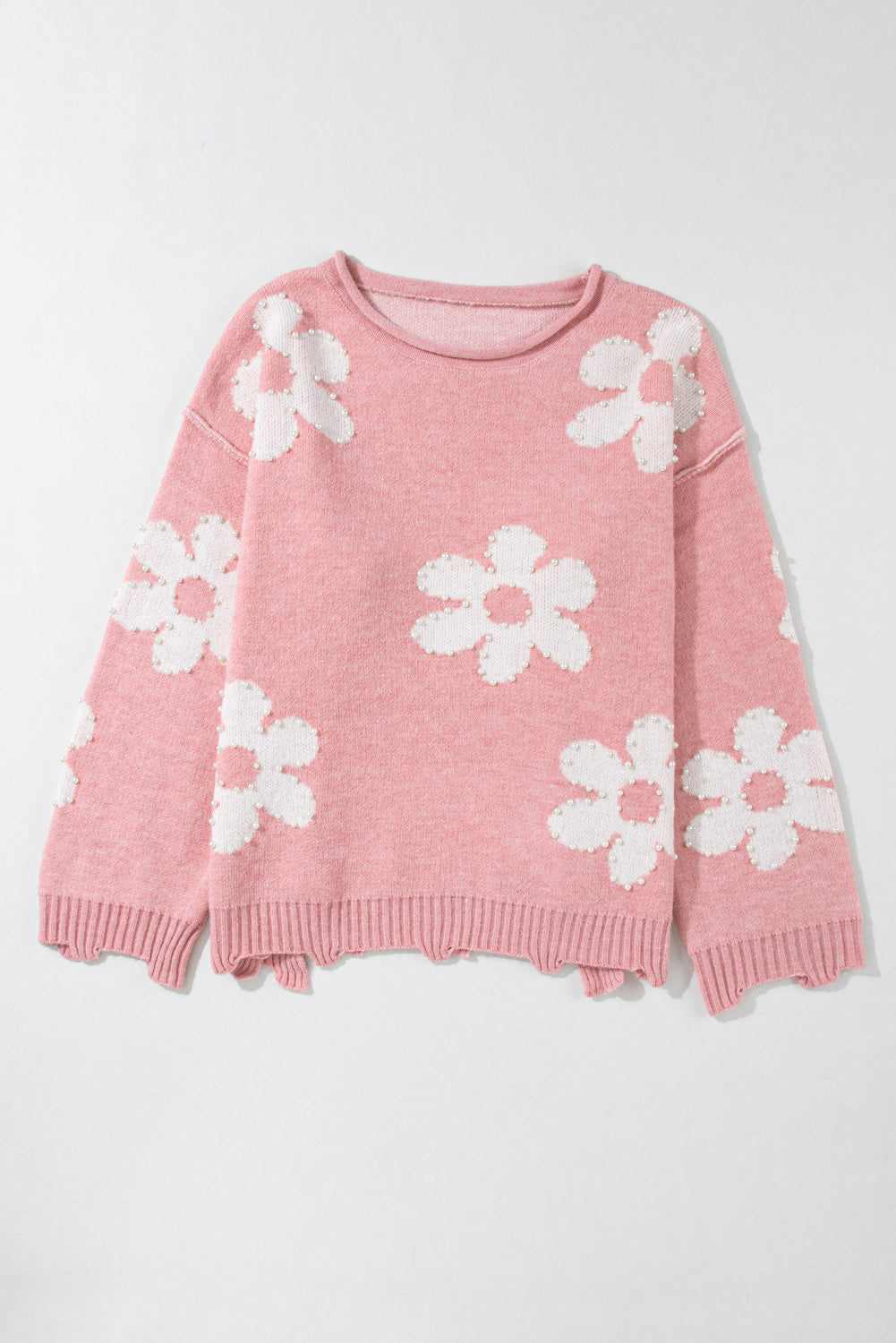 Multicolour Pearl Beaded Floral Drop Shoulder Sweater Sweaters JT's Designer Fashion