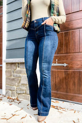 Blue High Waist Seam Stitching Pocket Flare Jeans Jeans JT's Designer Fashion