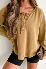 Camel Textured Knit Half Button Drop Shoulder Oversized Top Long Sleeve Tops JT's Designer Fashion