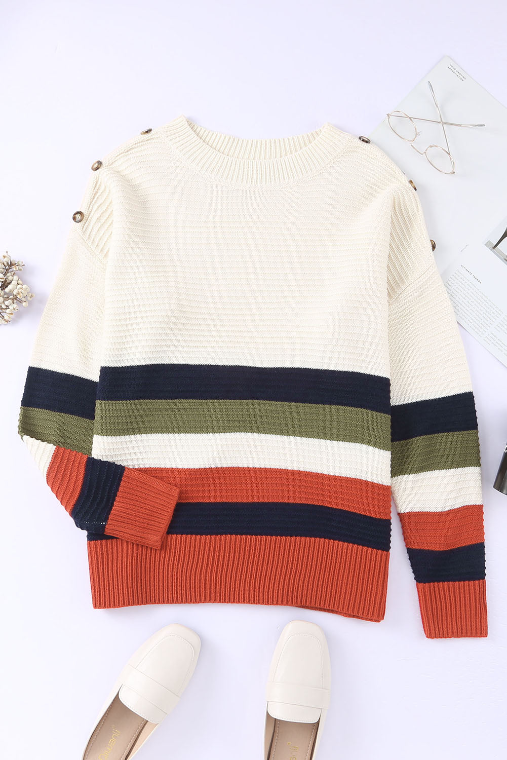 White Buttoned Shoulder Drop Shoulder Striped Sweater Sweaters & Cardigans JT's Designer Fashion