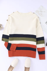 White Buttoned Shoulder Drop Shoulder Striped Sweater Sweaters & Cardigans JT's Designer Fashion