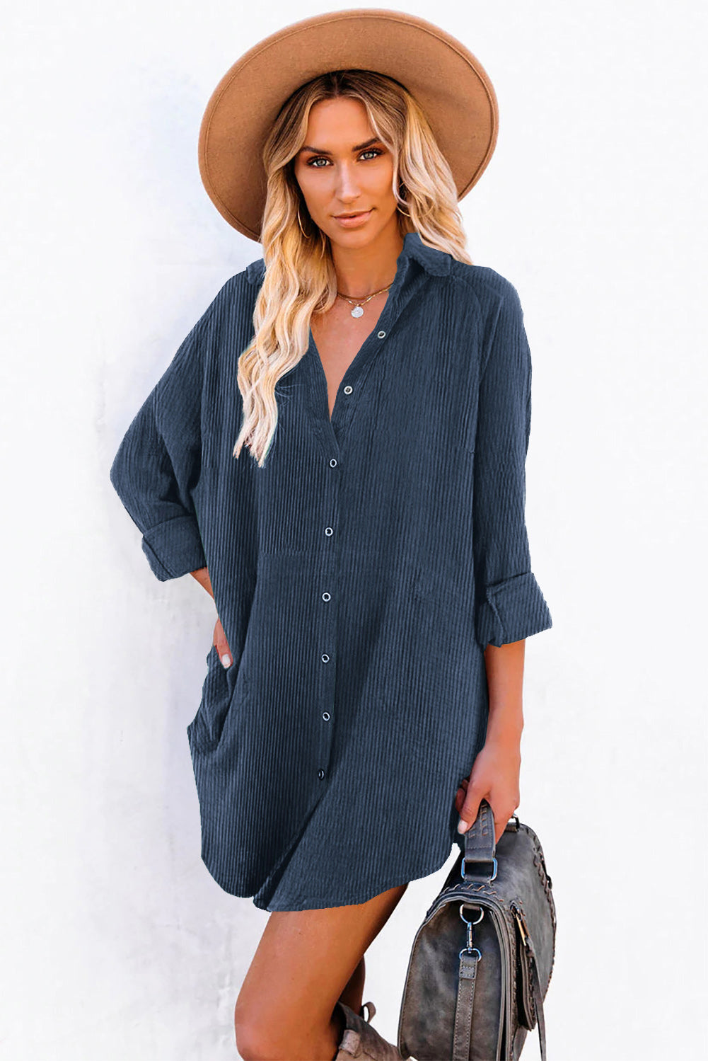 Blue Corduroy Shirt Style Full Button Long Sleeve Shift Mini Dress Blue 100%Polyester Mini Dresses JT's Designer Fashion