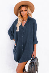 Blue Corduroy Shirt Style Full Button Long Sleeve Shift Mini Dress Blue 100%Polyester Mini Dresses JT's Designer Fashion