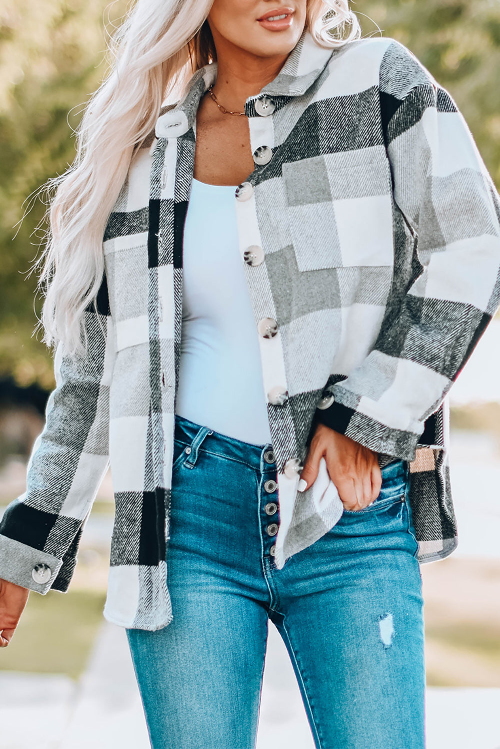Gray Plaid Color Block Buttoned Long Sleeve Jacket with Pocket Gray 95%Polyester+5%Spandex Plaid Shackets JT's Designer Fashion