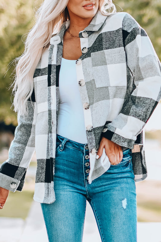 Gray Plaid Color Block Buttoned Long Sleeve Jacket with Pocket Gray 95%Polyester+5%Spandex Plaid Shackets JT's Designer Fashion
