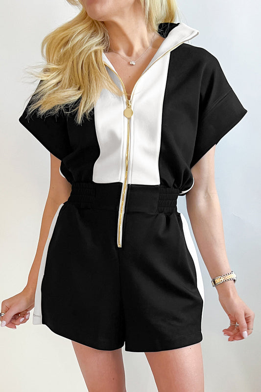 Black Contrast Collar Patchwork Zip Front Romper Jumpsuits & Rompers JT's Designer Fashion