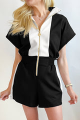 Black Contrast Collar Patchwork Zip Front Romper Jumpsuits & Rompers JT's Designer Fashion