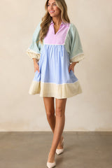 Multicolour Striped Patchwork Ric Rac Puff Sleeve Collared Mini Dress Mini Dresses JT's Designer Fashion