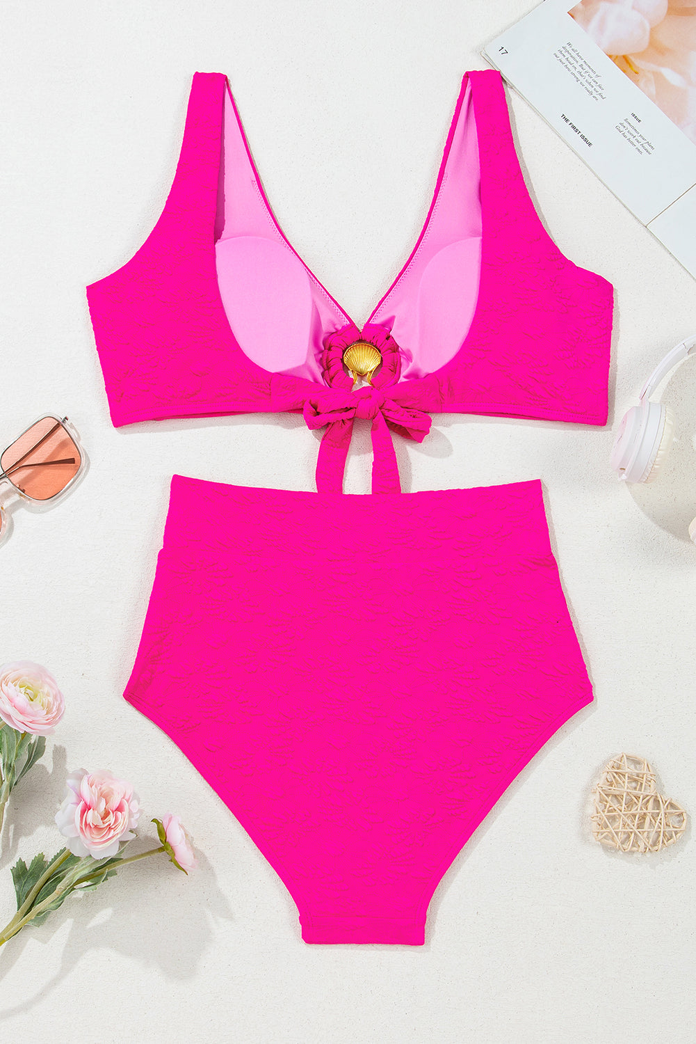 Rose Red Gold Shell Decor Wire-free Knotted 2pcs Bikini Swimsuit High Waisted Swimsuit JT's Designer Fashion