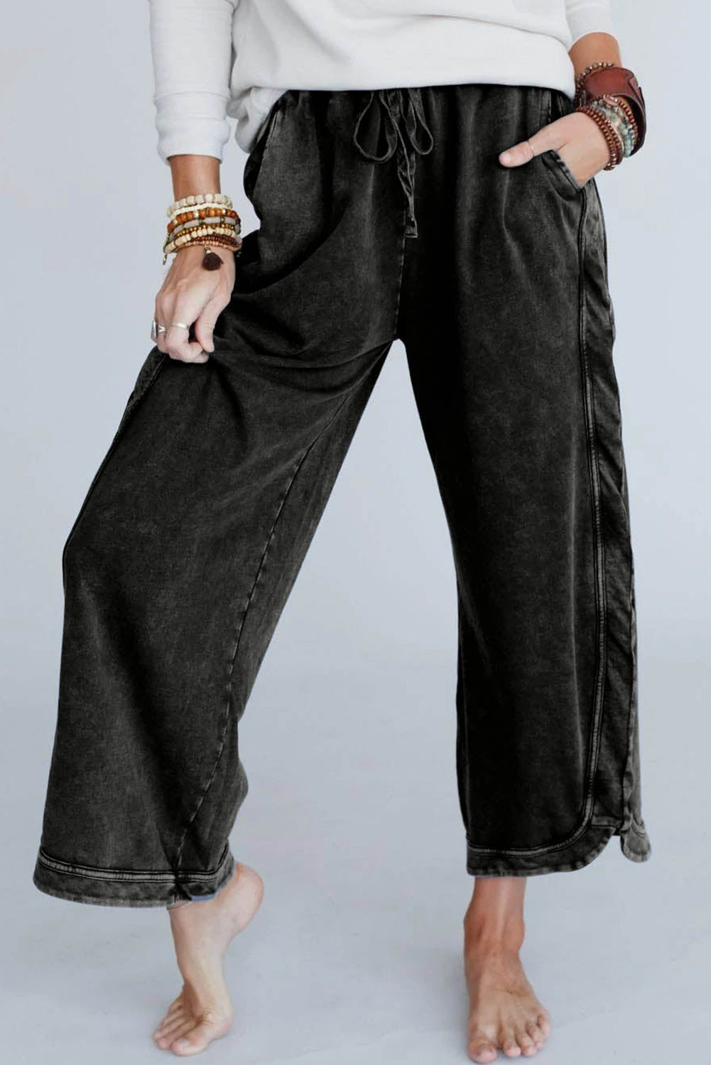 Black Mineral Wash Exposed Seam Wide Leg Pants Bottoms JT's Designer Fashion