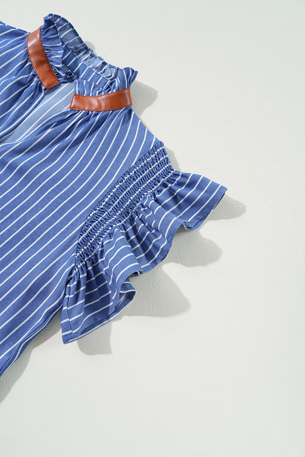 Sky Blue Stripe Frilly Split Neck Shirred Ruffle Sleeve Short Shift Dress Mini Dresses JT's Designer Fashion