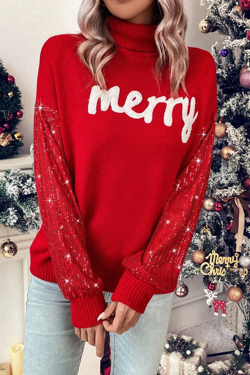 Racing Red Merry Graphic Sequin Sleeves Christmas Turtleneck Sweater Sweaters JT's Designer Fashion