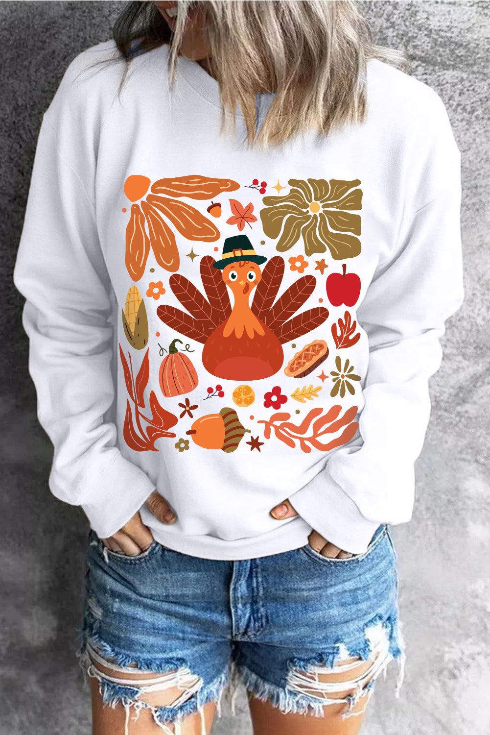 Beige Thanksgiving Fall Vibe Graphic Crew Neck Sweatshirt Graphic Sweatshirts JT's Designer Fashion