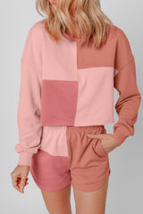 Peach Blossom Colorblock Patchwork Long Sleeve Shorts Outfit Short Sets JT's Designer Fashion