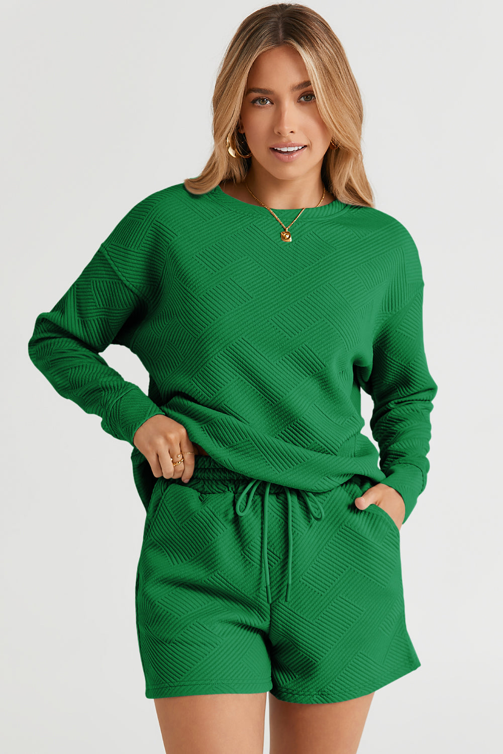 Green Textured Long Sleeve Top and Drawstring Shorts Set Short Sets JT's Designer Fashion