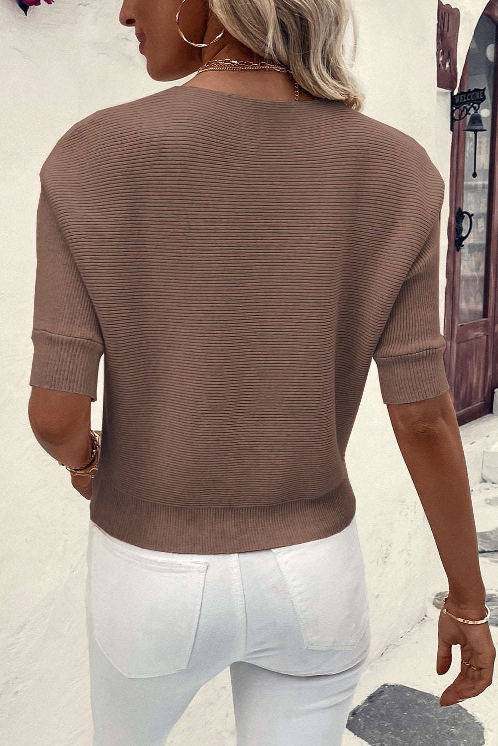 Coffee Round Neck Half Sleeve Ribbed Knit Top Sweaters & Cardigans JT's Designer Fashion