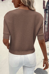 Coffee Round Neck Half Sleeve Ribbed Knit Top Sweaters & Cardigans JT's Designer Fashion