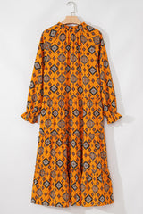 Orange Western Geometric Print Tiered Frilled Loose Fit Midi Dress Midi Dresses JT's Designer Fashion